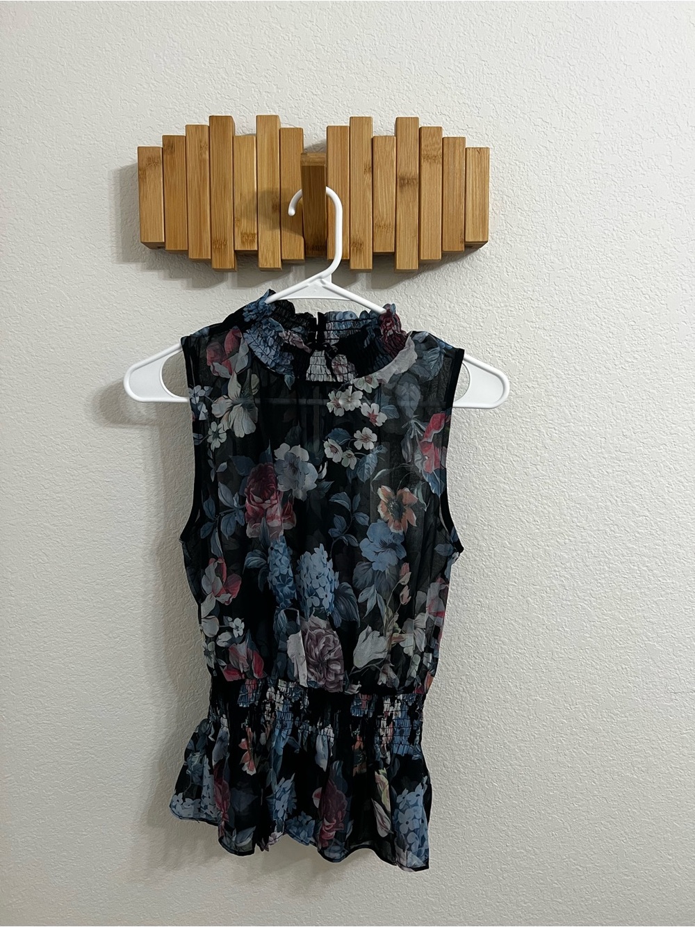 Floral Sleeveless Ruffle Neck Blouse - Black Floral